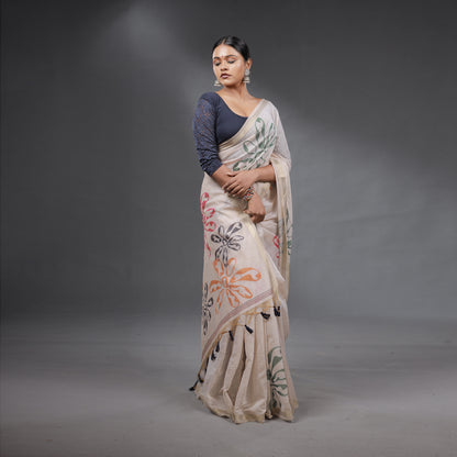Ivory Handcrafted Floral Saree with Tassel Pallu