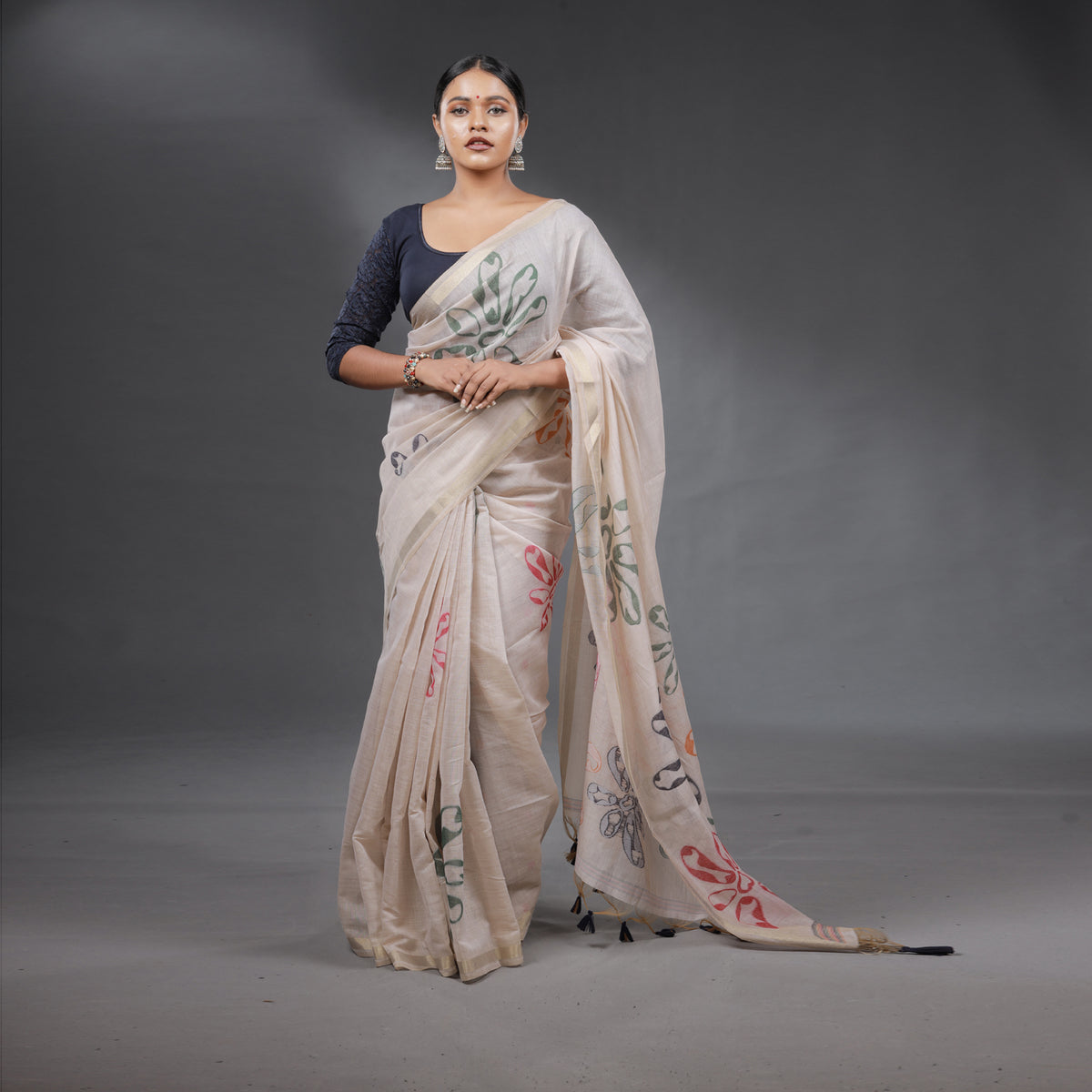 Ivory Handcrafted Floral Saree with Tassel Pallu