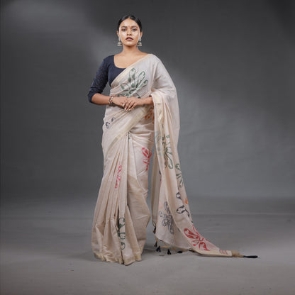 Ivory Handcrafted Floral Saree with Tassel Pallu