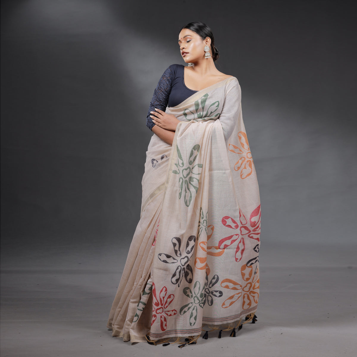 Ivory Handcrafted Floral Saree with Tassel Pallu