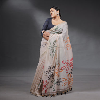 Ivory Handcrafted Floral Saree with Tassel Pallu