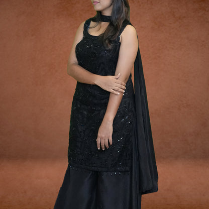 Midnight Elegance Embroidered Kurta Set with Palazzo & Dupatta