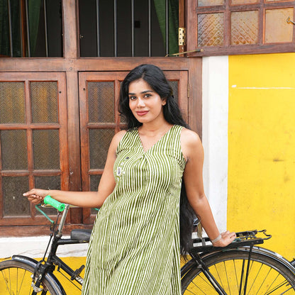 Olive Stripe Cotton A-Line Kurta Set