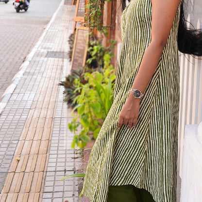Olive Stripe Cotton A-Line Kurta Set
