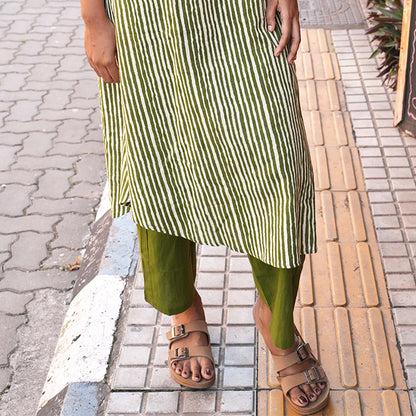 Olive Stripe Cotton A-Line Kurta Set