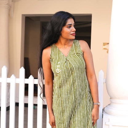 Olive Stripe Cotton A-Line Kurta Set