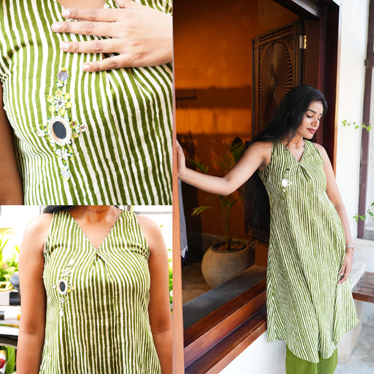 Olive Stripe Cotton A-Line Kurta Set