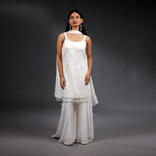 Pearl White Chanderi Embroidered Kurta Set with Sharara & Dupatta