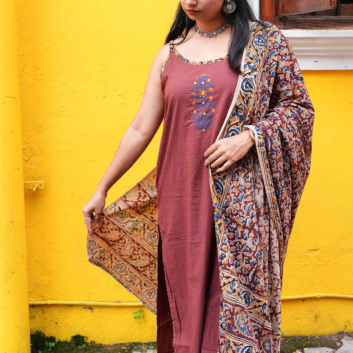 Rust Blossom Cotton Kurta Set with Kalamkari Dupatta
