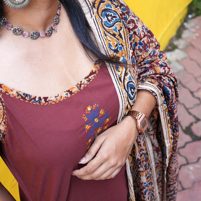 Rust Blossom Cotton Kurta Set with Kalamkari Dupatta