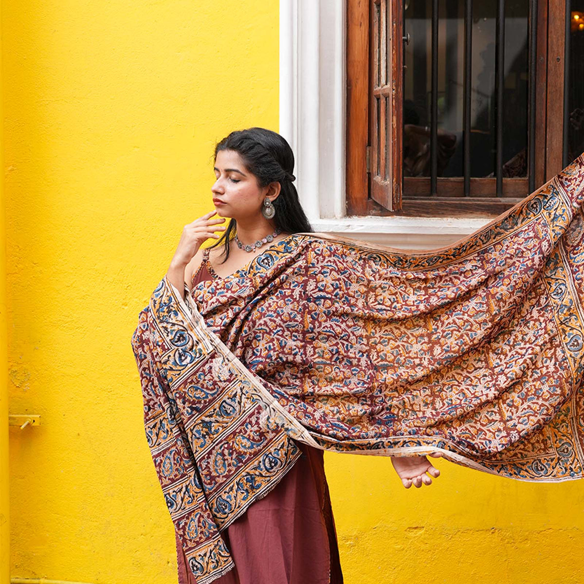 Rust Blossom Cotton Kurta Set with Kalamkari Dupatta