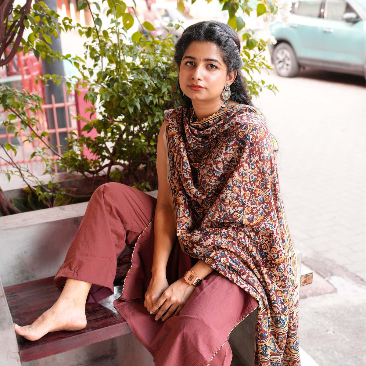 Rust Blossom Cotton Kurta Set with Kalamkari Dupatta