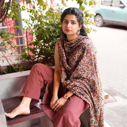 Rust Blossom Cotton Kurta Set with Kalamkari Dupatta