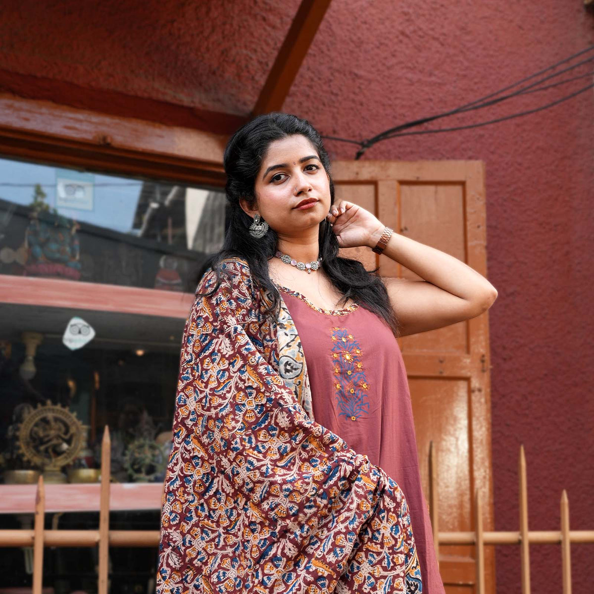 Rust Blossom Cotton Kurta Set with Kalamkari Dupatta