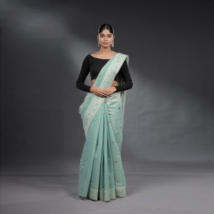 Seafoam Green Hand Block Printed Linen Cotton Saree with Multicolour Floral Motifs