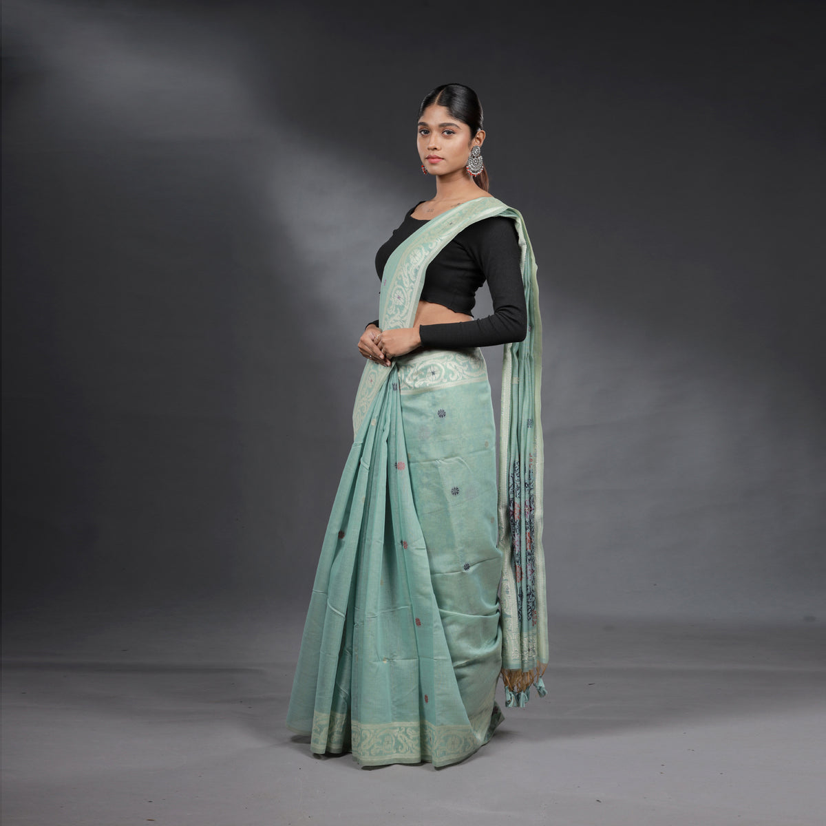 Seafoam Green Hand Block Printed Linen Cotton Saree with Multicolour Floral Motifs
