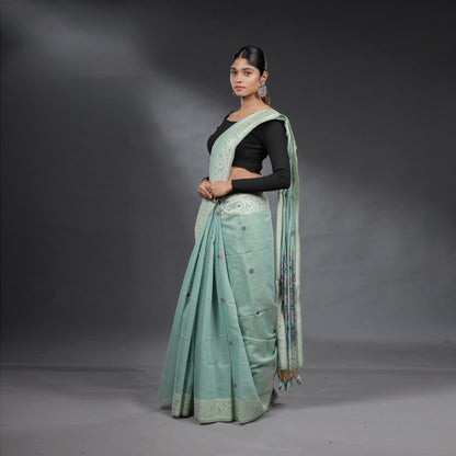 Seafoam Green Hand Block Printed Linen Cotton Saree with Multicolour Floral Motifs