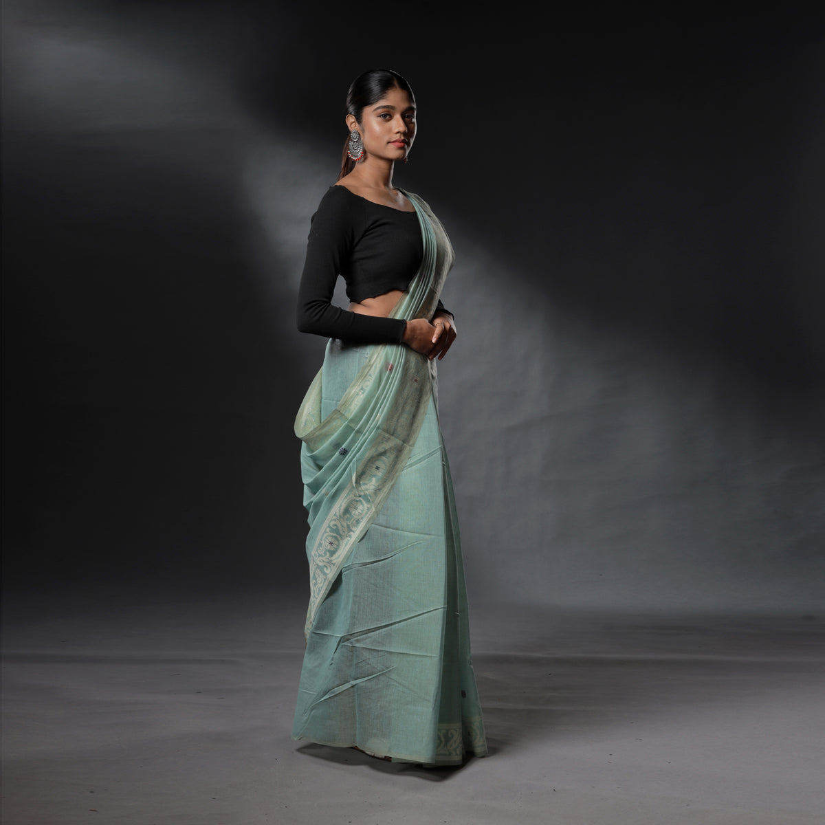 Seafoam Green Hand Block Printed Linen Cotton Saree with Multicolour Floral Motifs