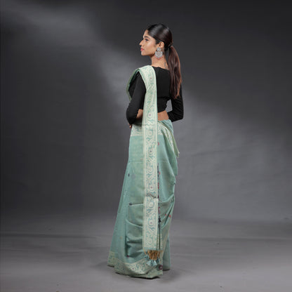 Seafoam Green Hand Block Printed Linen Cotton Saree with Multicolour Floral Motifs