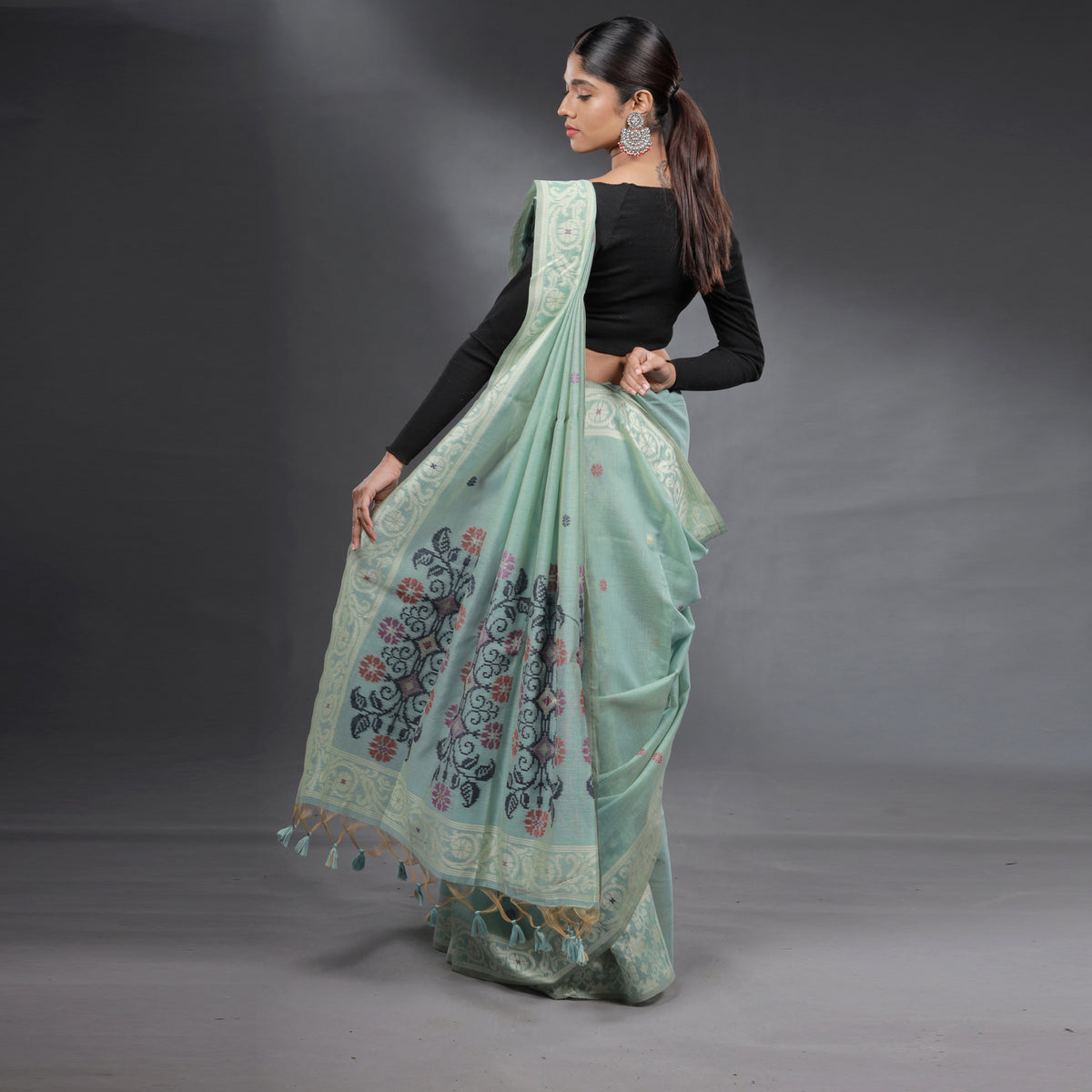 Seafoam Green Hand Block Printed Linen Cotton Saree with Multicolour Floral Motifs