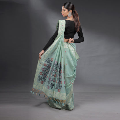Seafoam Green Hand Block Printed Linen Cotton Saree with Multicolour Floral Motifs