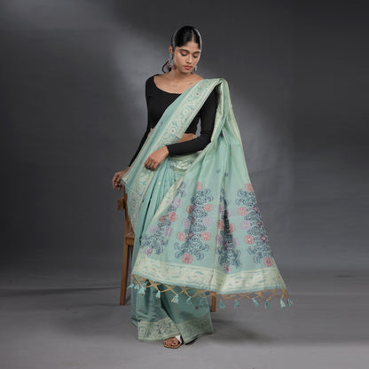 Seafoam Green Hand Block Printed Linen Cotton Saree with Multicolour Floral Motifs