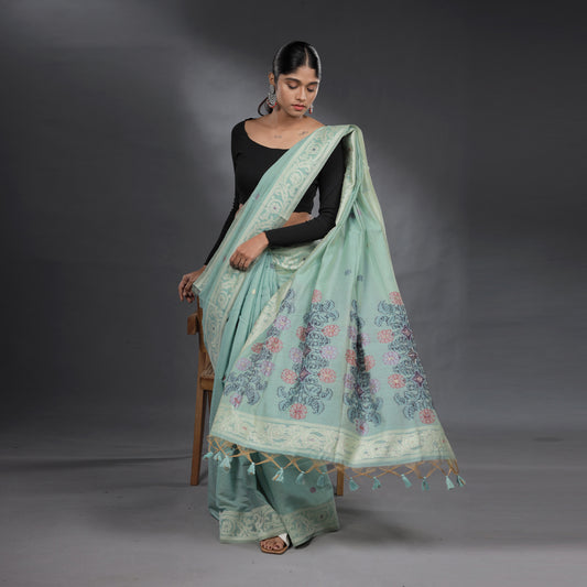 Seafoam Green Hand Block Printed Linen Cotton Saree with Multicolour Floral Motifs