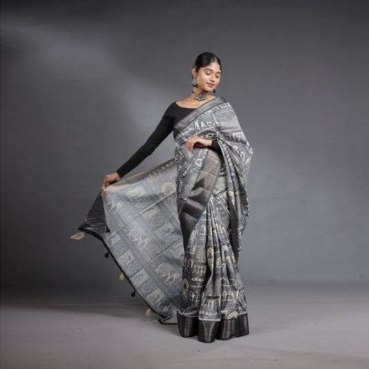 Slate Grey Narrative Hand Block Printed Linen Cotton Saree with Tribal Motifs