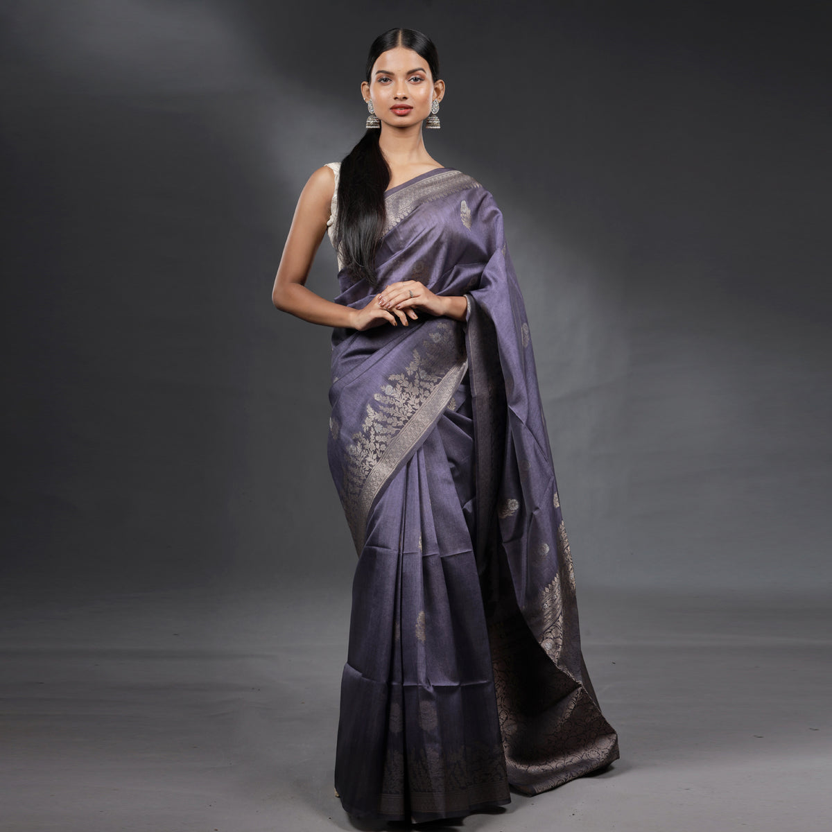 Steel Grey Soft Silk Brocade Saree with Silver Zari Floral Weaving