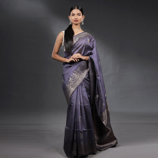 Steel Grey Soft Silk Brocade Saree with Silver Zari Floral Weaving