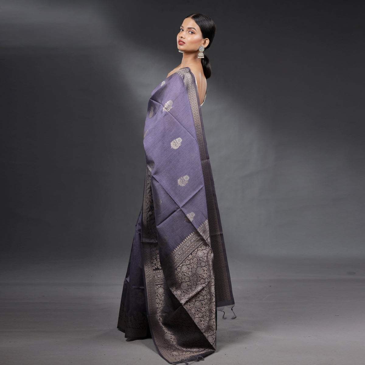 Steel Grey Soft Silk Brocade Saree with Silver Zari Floral Weaving