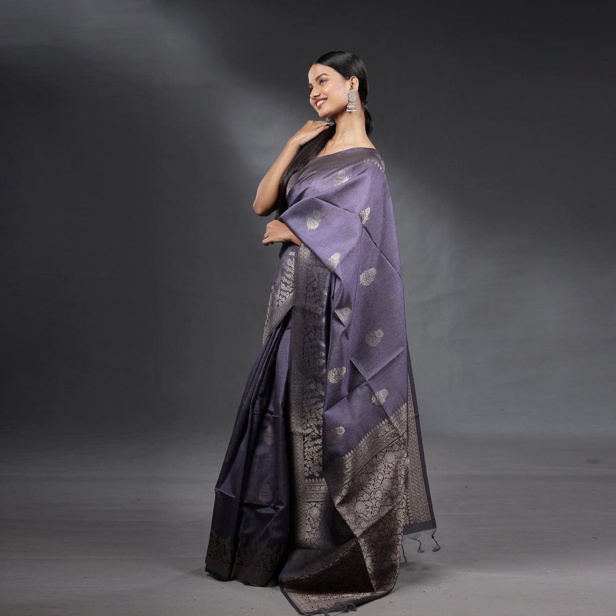 Steel Grey Soft Silk Brocade Saree with Silver Zari Floral Weaving