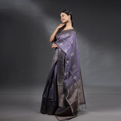 Steel Grey Soft Silk Brocade Saree with Silver Zari Floral Weaving