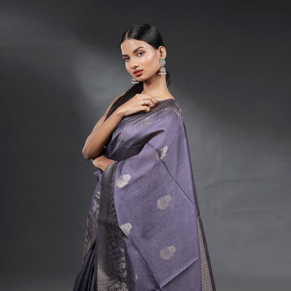 Steel Grey Soft Silk Brocade Saree with Silver Zari Floral Weaving