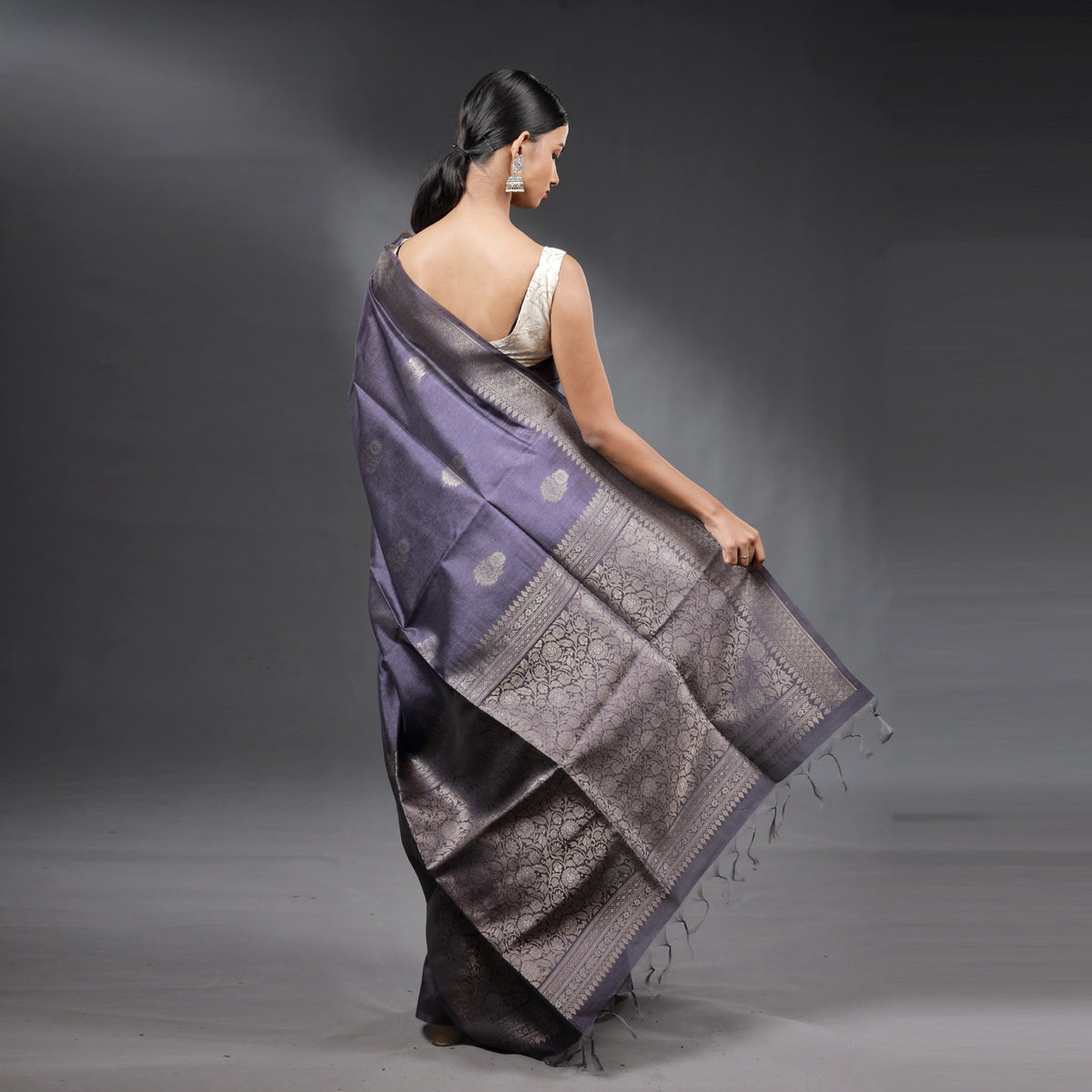 Steel Grey Soft Silk Brocade Saree with Silver Zari Floral Weaving