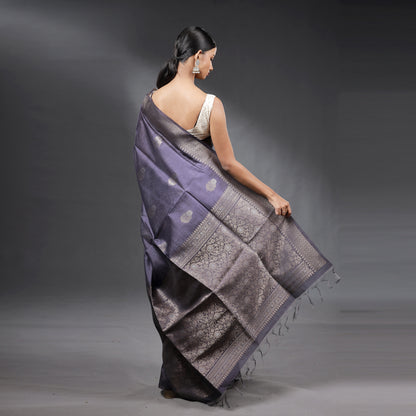 Steel Grey Soft Silk Brocade Saree with Silver Zari Floral Weaving