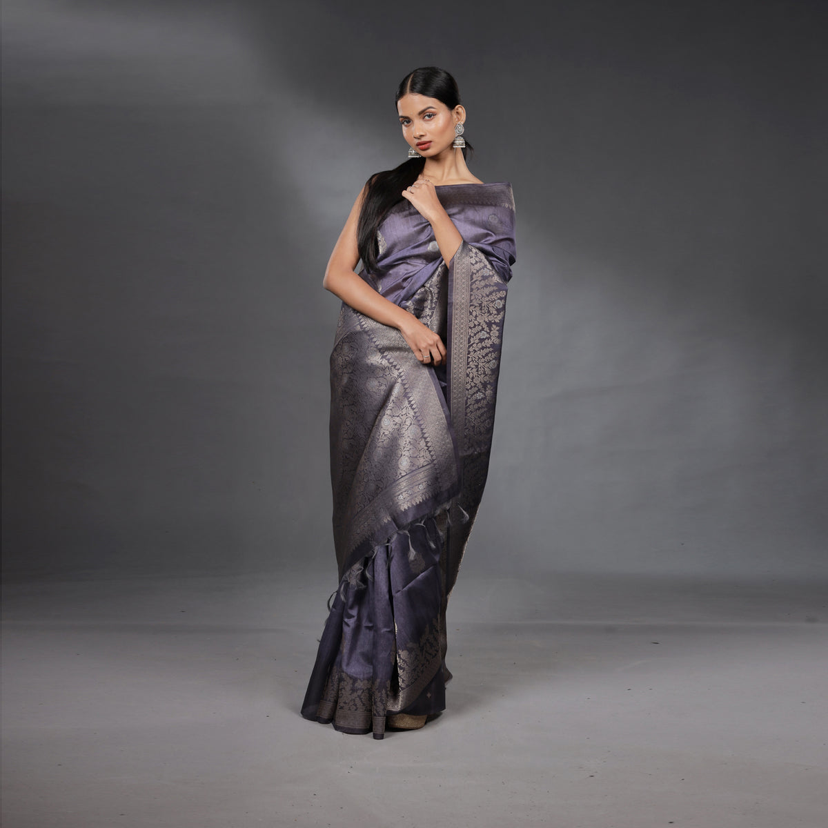 Steel Grey Soft Silk Brocade Saree with Silver Zari Floral Weaving