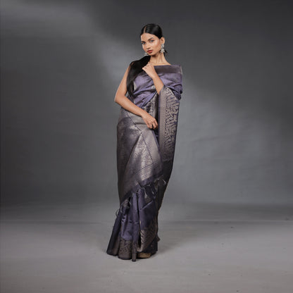 Steel Grey Soft Silk Brocade Saree with Silver Zari Floral Weaving