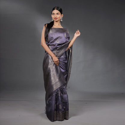 Steel Grey Soft Silk Brocade Saree with Silver Zari Floral Weaving