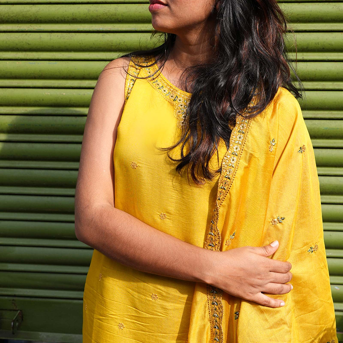 Sunlit Mustard Embellished Kurta Set with Palazzo & Dupatta