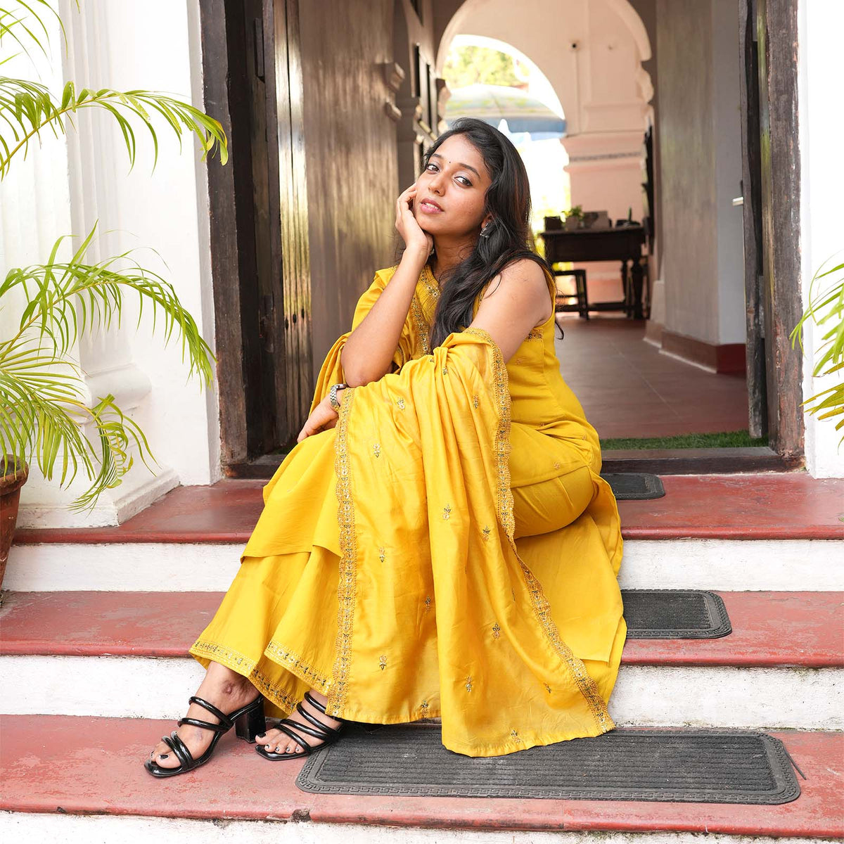 Sunlit Mustard Embellished Kurta Set with Palazzo & Dupatta