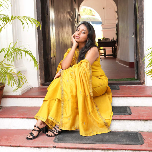 Sunlit Mustard Embellished Kurta Set with Palazzo & Dupatta
