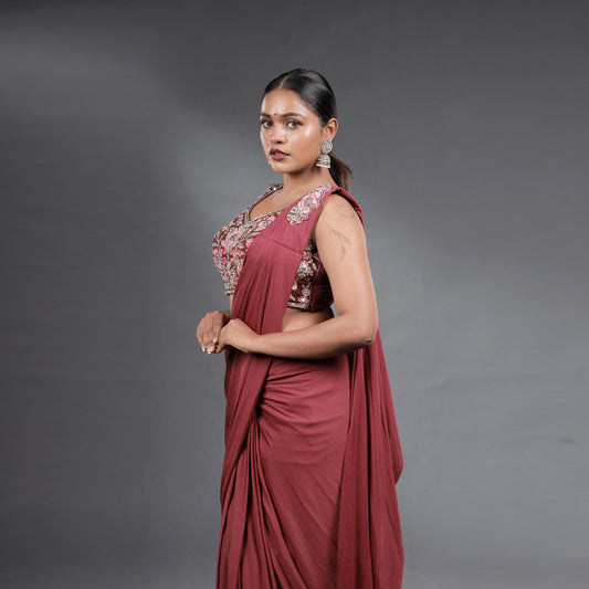 Wine Maroon Pre-Draped Designer Saree with Hand Embroidered Blouse
